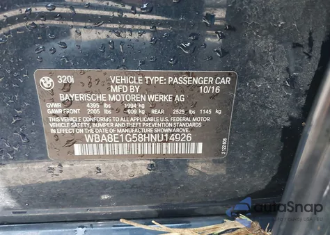 2017 BMW 320I из США, поврежденный, VIN WBA8E1G58HNU14926